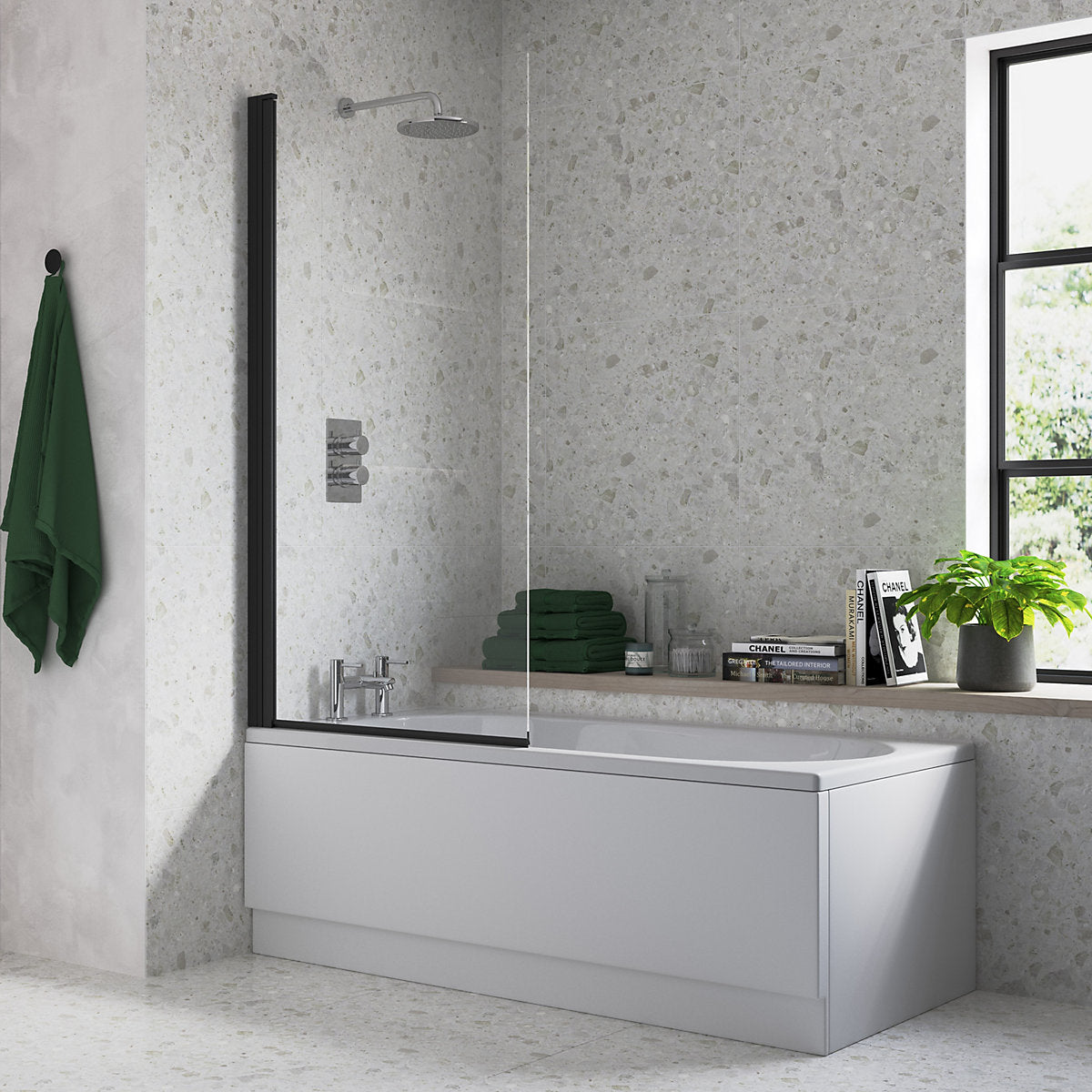 * Essentials Straight Matt Black Bath screen (W)800mm (H)1400mm
