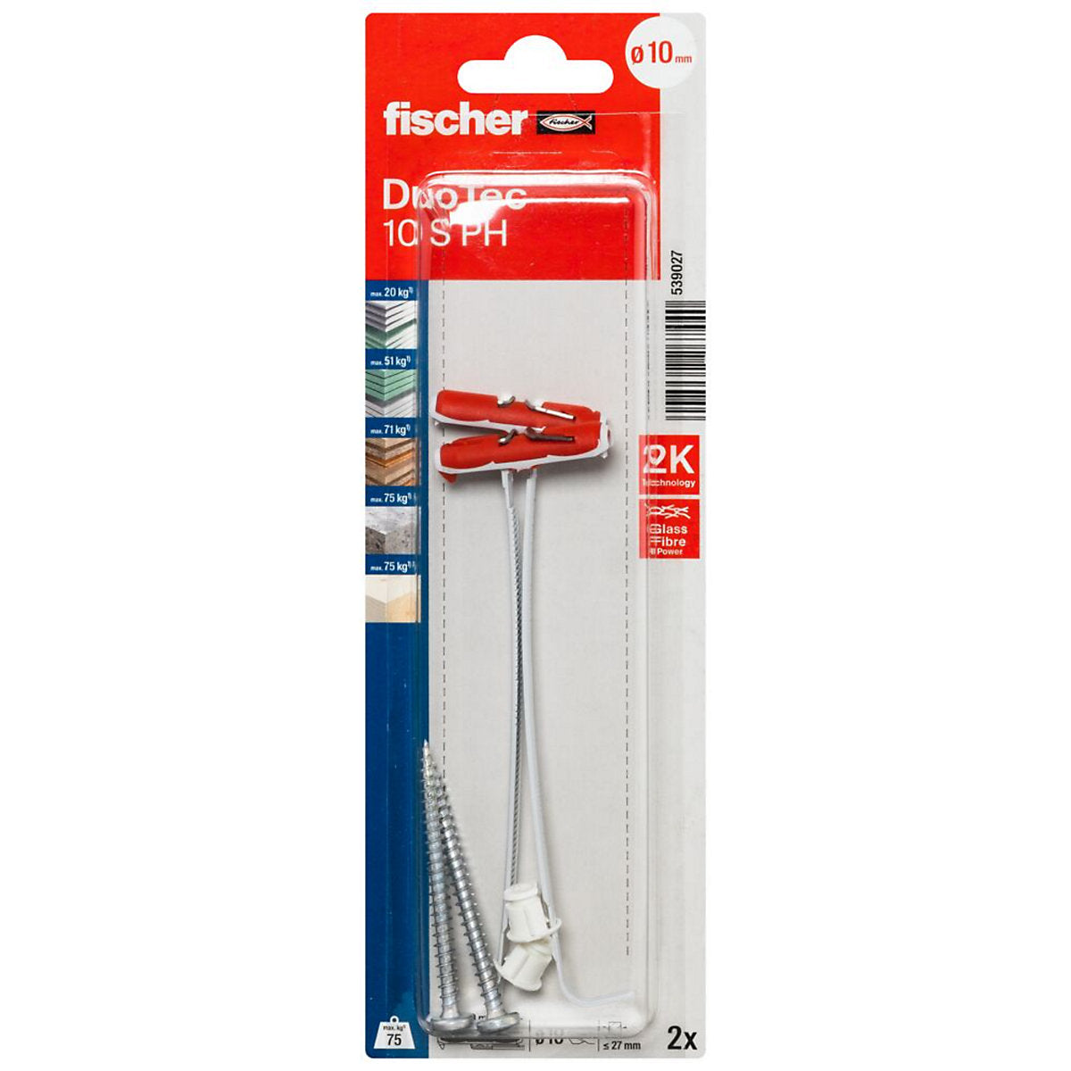 Fischer DuoTec Plasterboard fixing (Dia)10mm (L)65mm, Pack of 2
