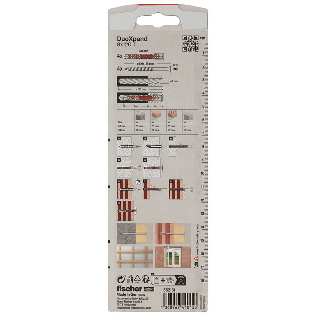 Fischer TX Multicolour Multi-purpose screw & wall plug (Dia)8mm (L)120mm, Pack of 4