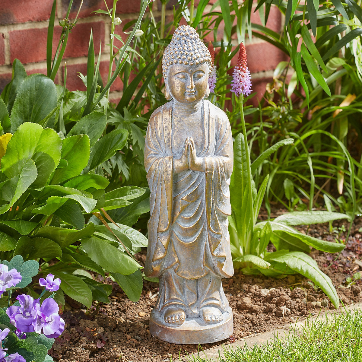 Flamboya Brushed Gold Stone effect Praying Buddha Garden ornament (H)47cm (W)14.5cm