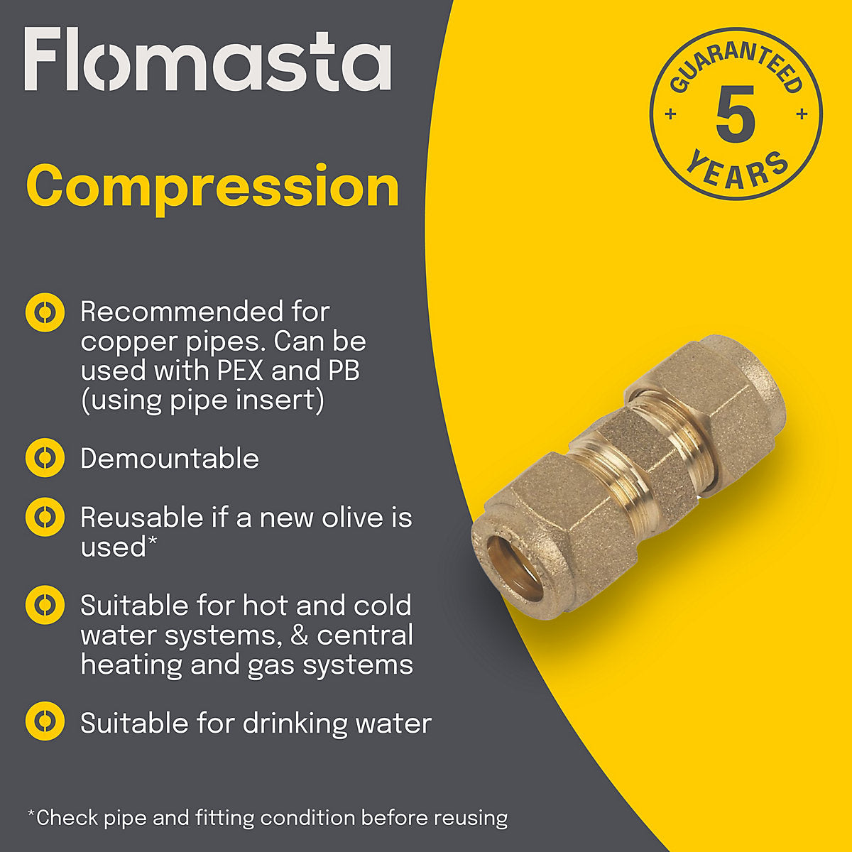 Flomasta Compression fitting Straight Coupler Brass 22mm x