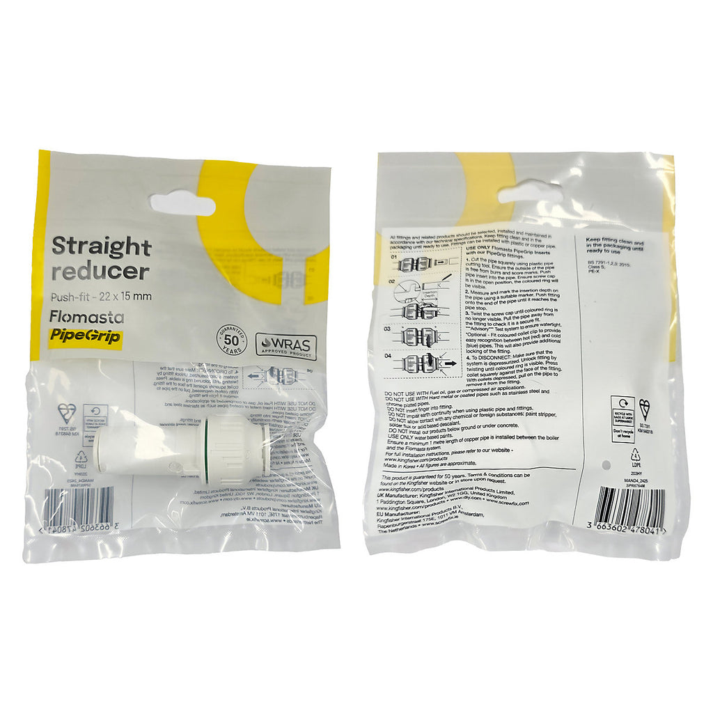 Flomasta SPR6764M Push-fit Pipe fitting reducer (Dia)15mm x 22mm