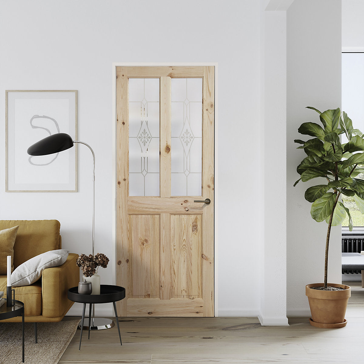 Fortia 2 panel Screen-printed Glazed Victorian Natural Pine veneer Internal Timber Door, (H)1981mm (W)686mm (T)35mm