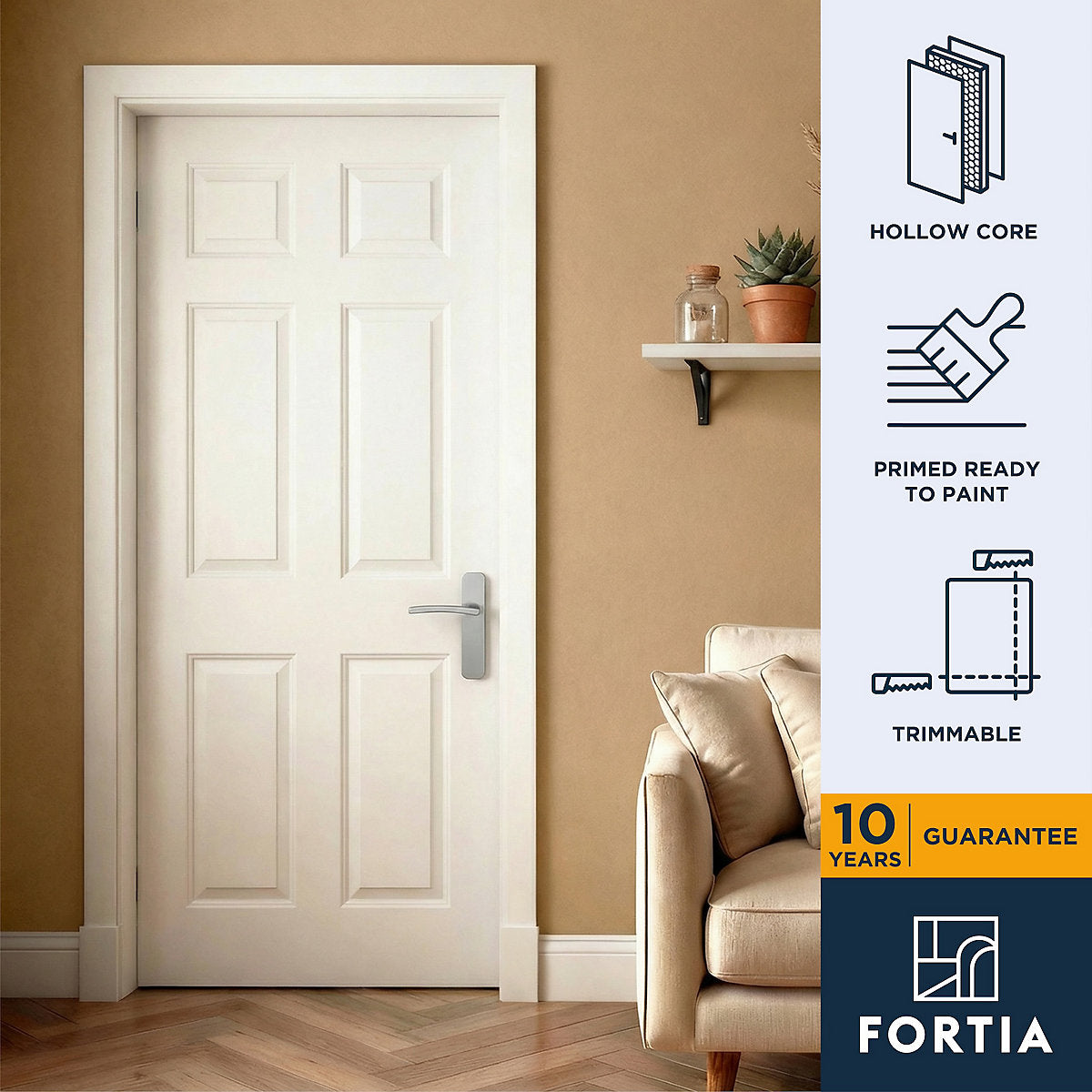Fortia 6 panel Unglazed Contemporary Primed White Internal Timber Door, (H)1981mm (W)762mm (T)44mm