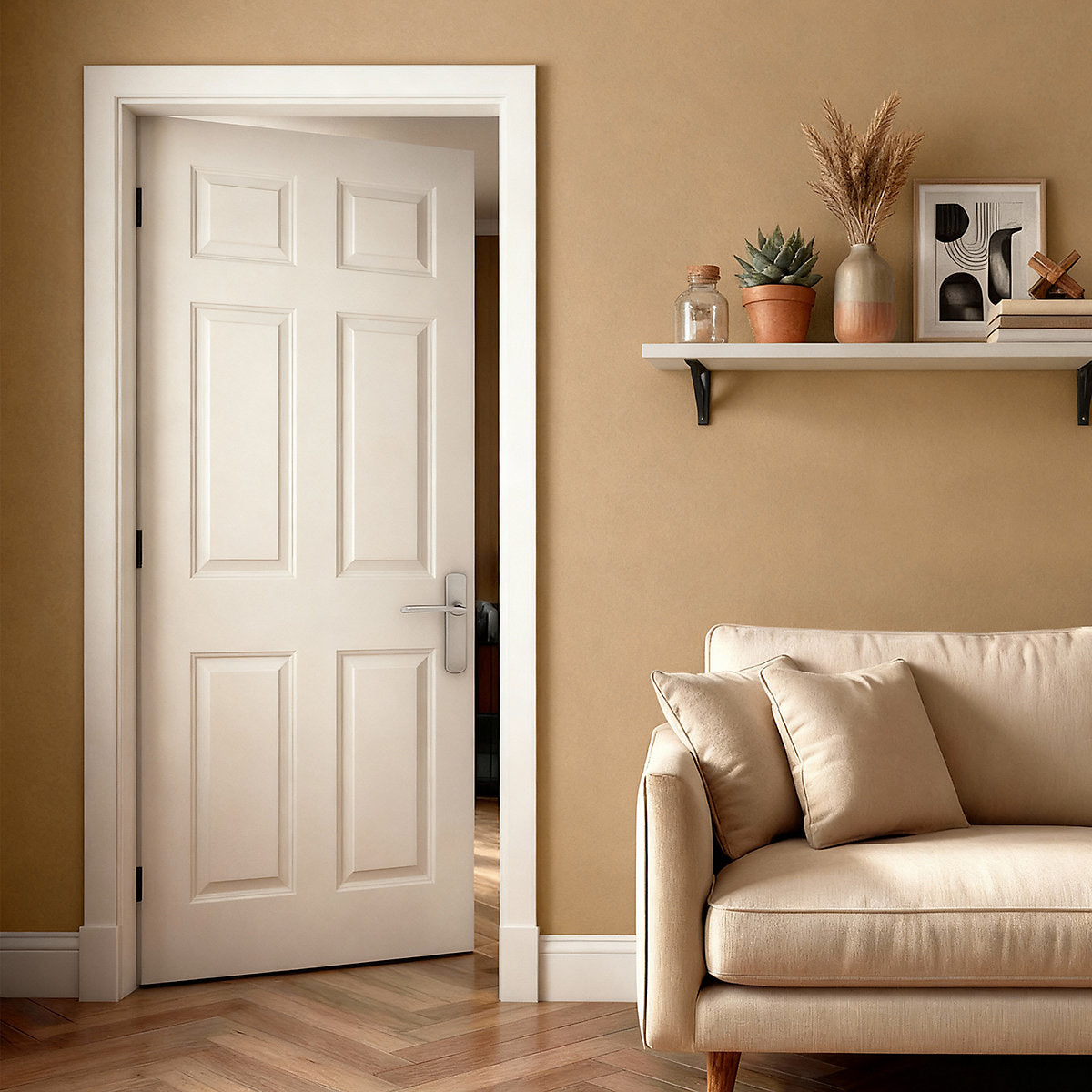 Fortia 6 panel Unglazed Contemporary Primed White Internal Timber Door, (H)1981mm (W)762mm (T)44mm