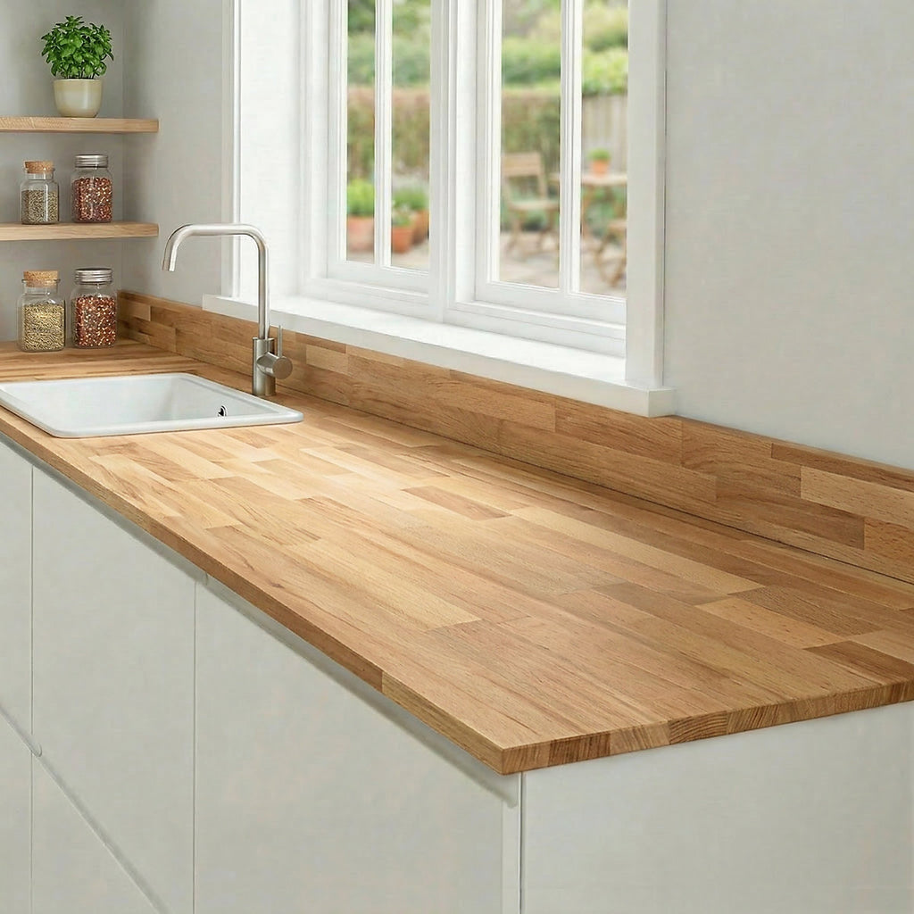 GoodHome 27mm Matt Natural Wood effect Solid beech Square edge Kitchen Worktop, (L)3000mm