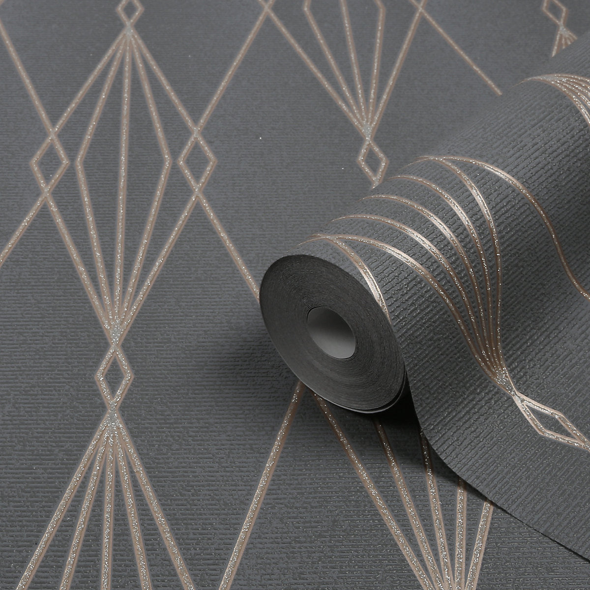 GoodHome Ajuga Charcoal Art deco Rose gold effect Retro Textured Wallpaper