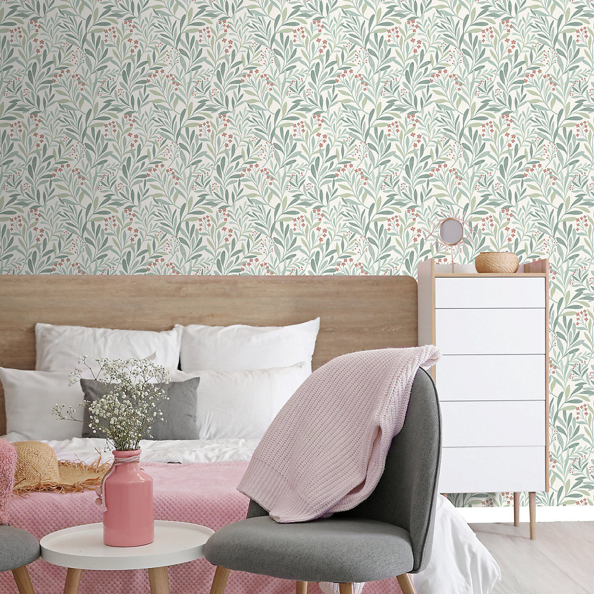 GoodHome Alluets Green Foliage Patterned Textured Wallpaper