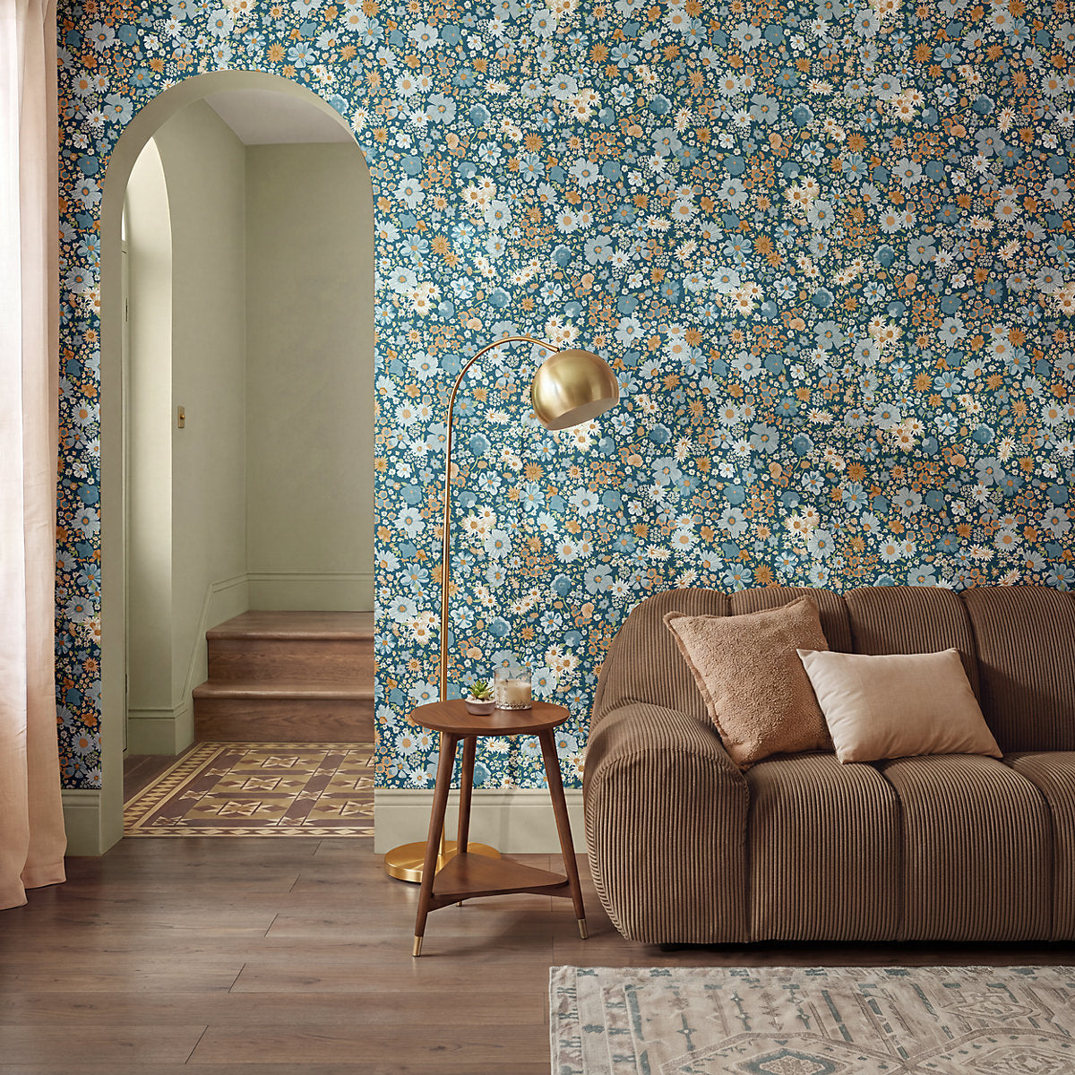GoodHome Amity Blue & terracotta Floral Patterned Embossed Wallpaper