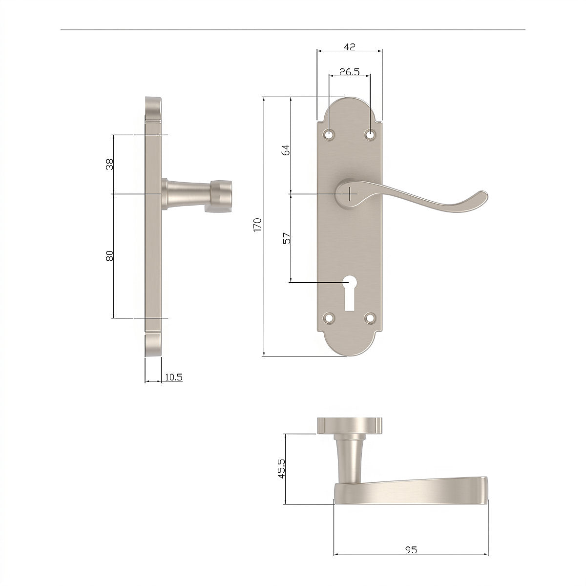 GoodHome Beja Grey Nickel effect Straight Lock Door handle (L)95mm (D)57mm Pair