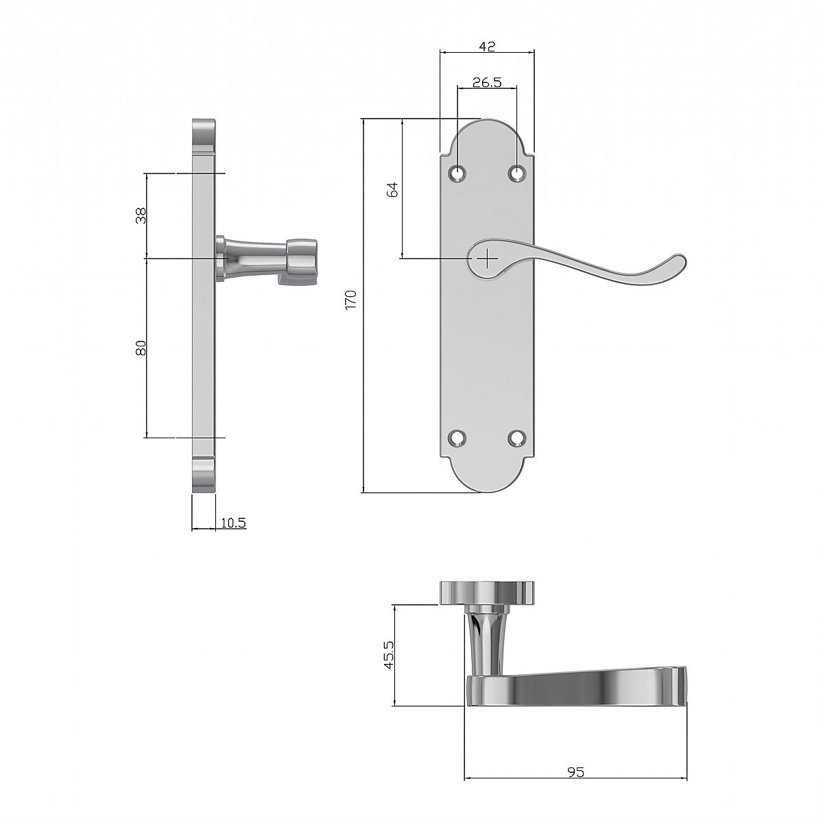 GoodHome Beja Polished Grey Chrome effect Scroll Latch Door handle (L)95mm (D)57mm Pack of 3