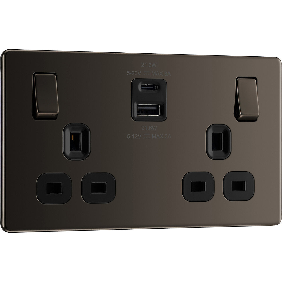 GoodHome Black Nickel Double 13A Flat profile, Switched Screwless Black inserts Socket with USB, 13A x2