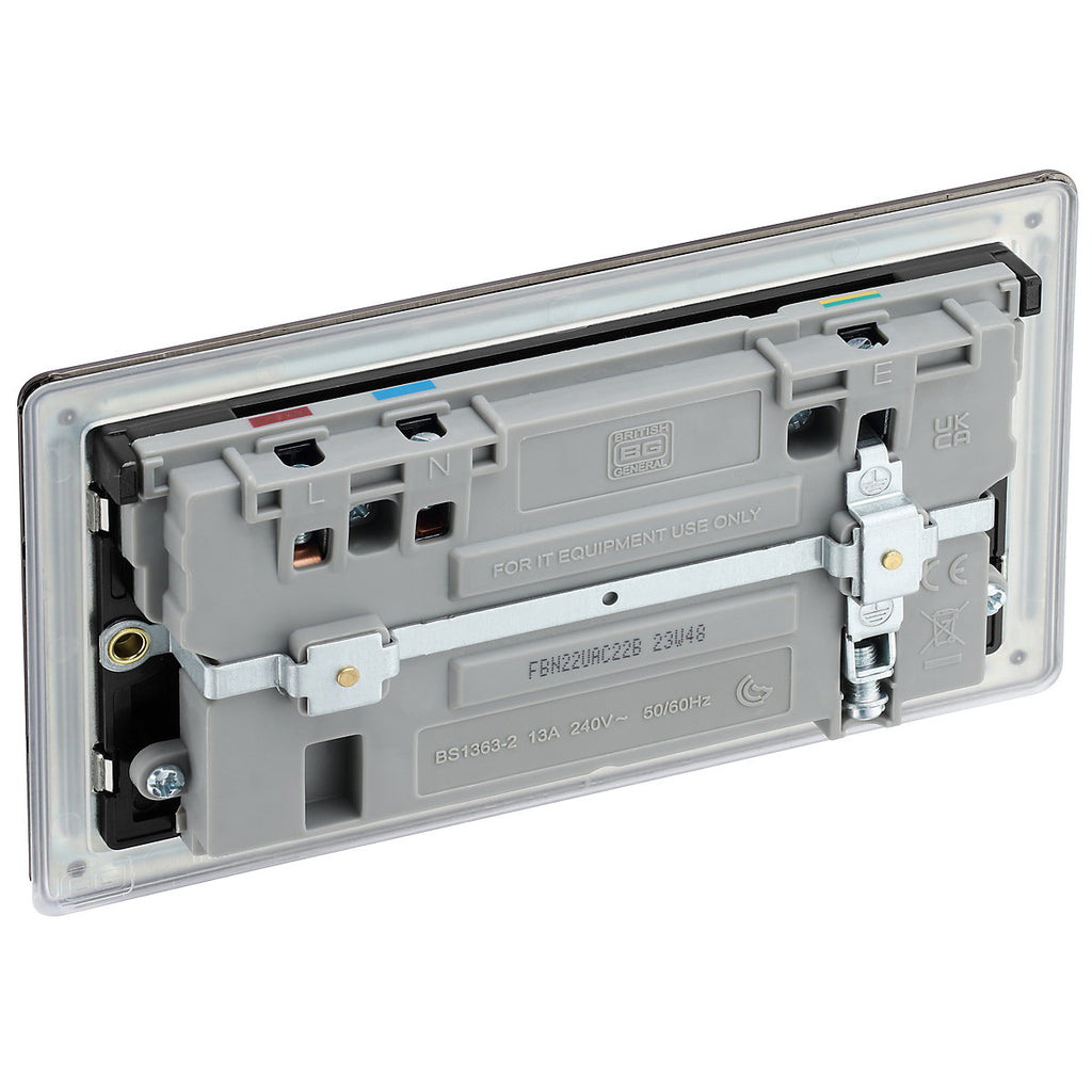 GoodHome Black Nickel Double 13A Flat profile, Switched Screwless Black inserts Socket with USB, 13A x2