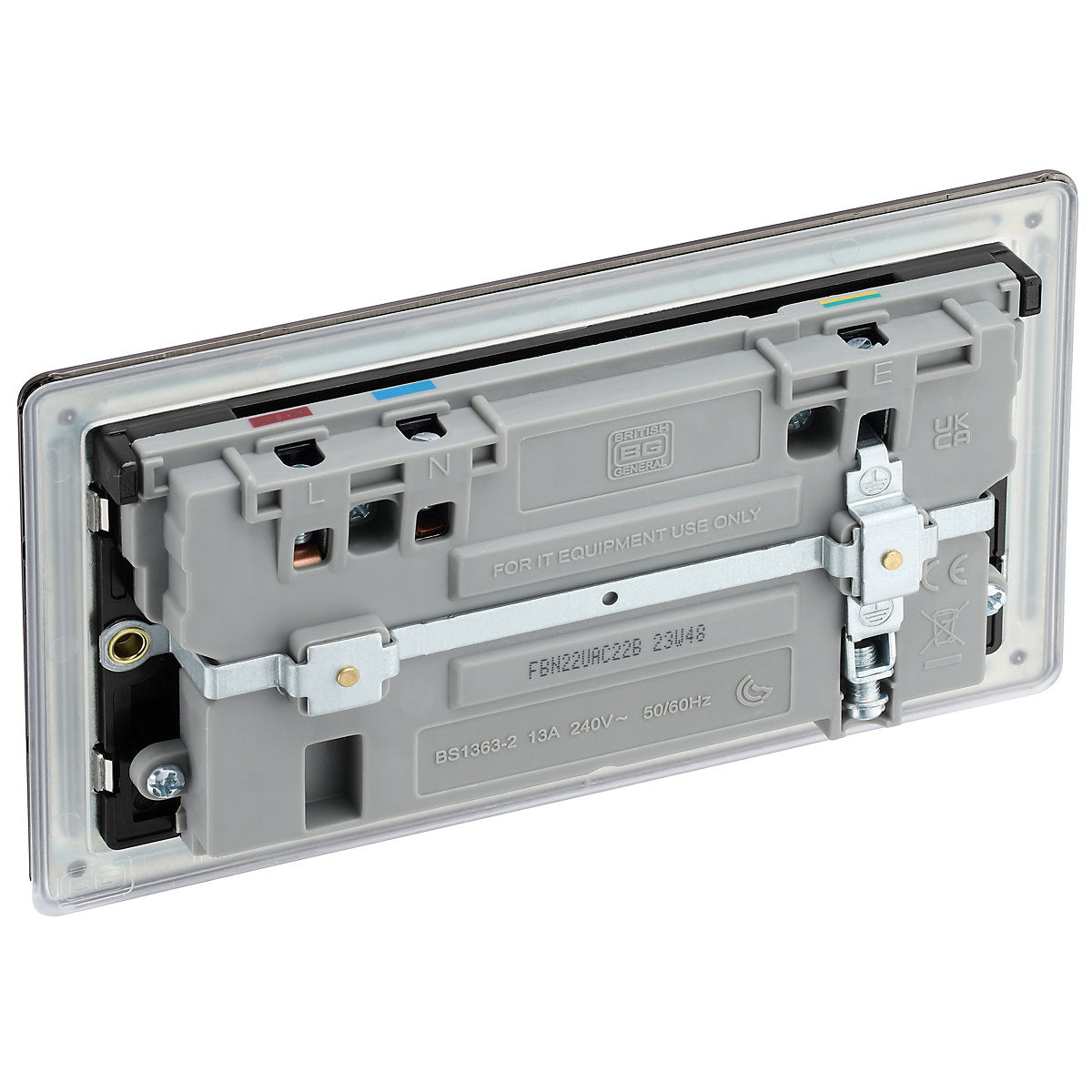 GoodHome Black Nickel Double 13A Flat profile, Switched Screwless Black inserts Socket with USB, 13A x2