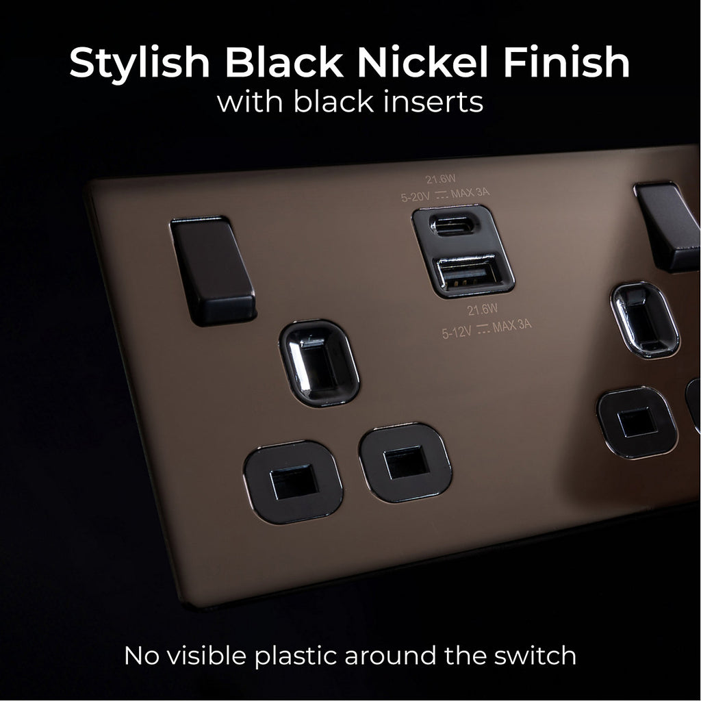 GoodHome Black Nickel Double 13A Flat profile, Switched Screwless Black inserts Socket with USB, 13A x2