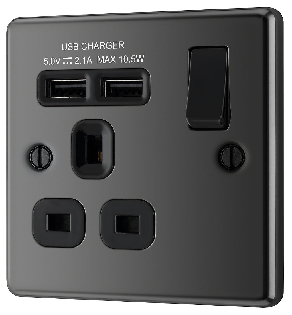 GoodHome Black Nickel Single 13A Raised rounded Switched Screwed Socket with USB, x2 & Black inserts