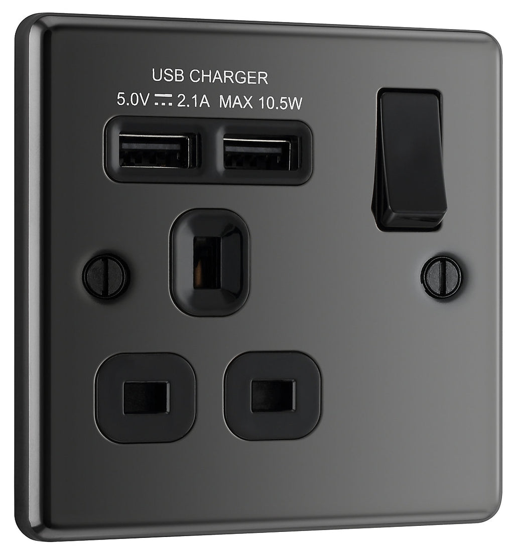 GoodHome Black Nickel Single 13A Raised rounded Switched Screwed Socket with USB, x2 & Black inserts