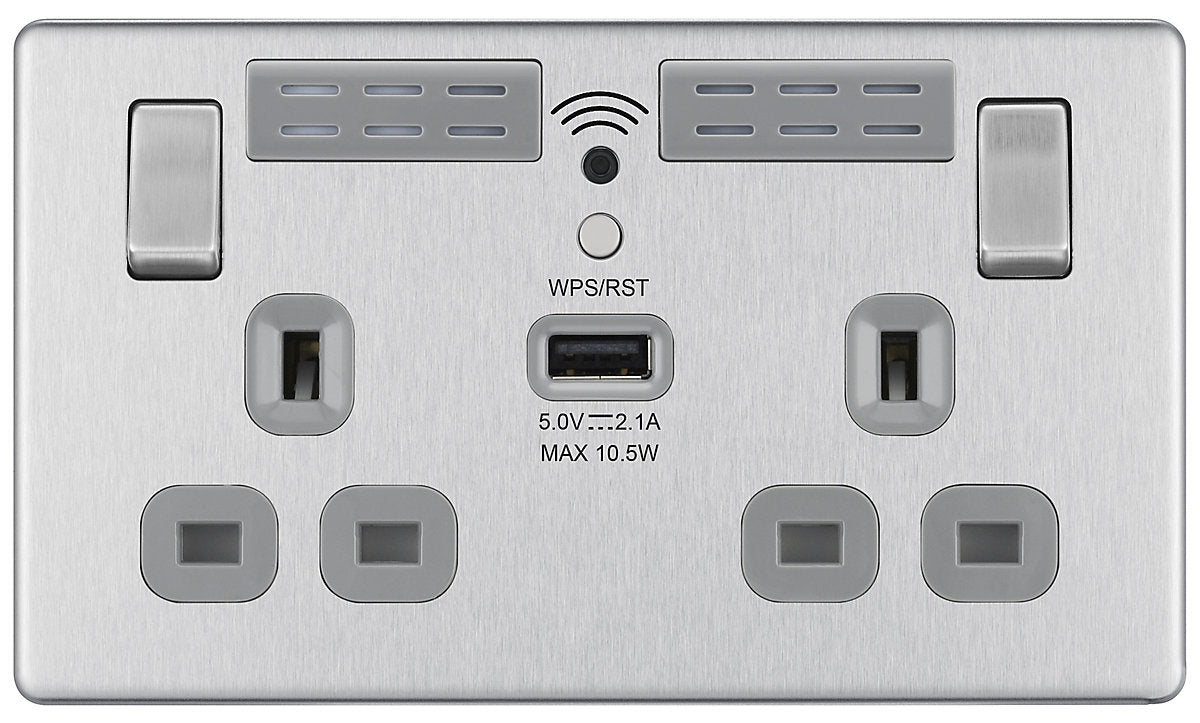 GoodHome Brushed Steel 13A Switched Double Screwless WiFi extender socket with USB