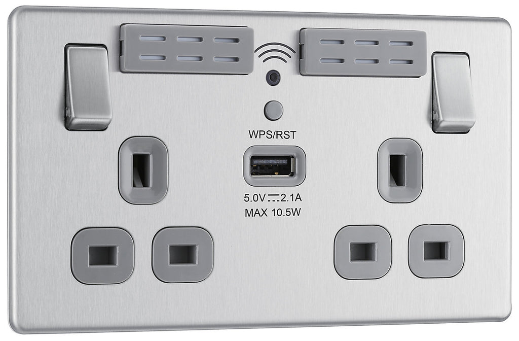 GoodHome Brushed Steel 13A Switched Double Screwless WiFi extender socket with USB