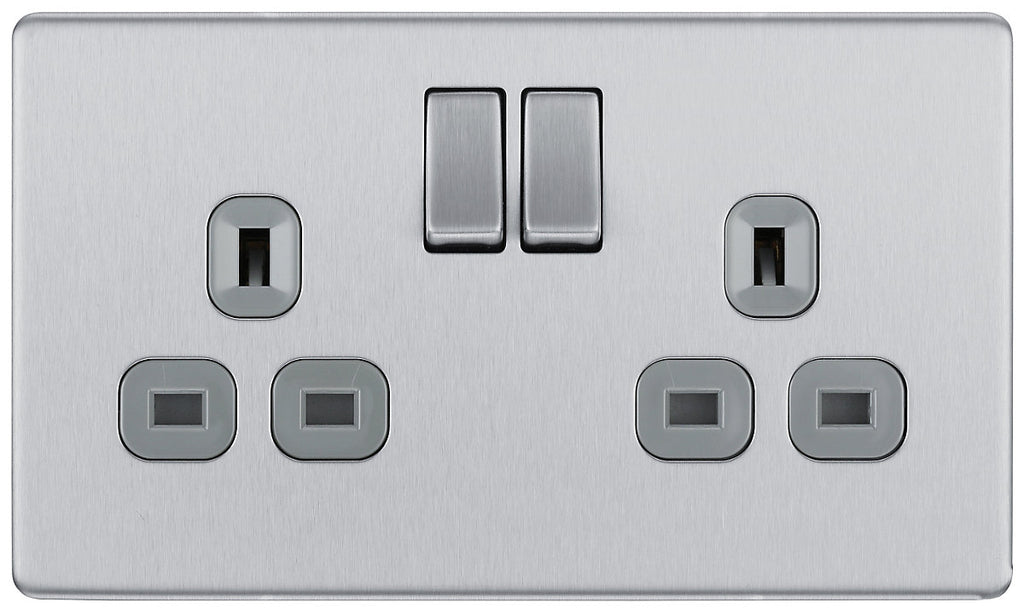 GoodHome Brushed Steel Double 13A Socket & Grey inserts