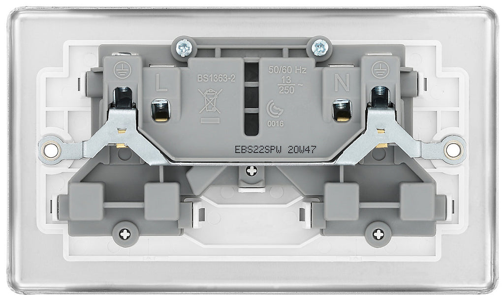 GoodHome Brushed Steel Double 13A Switched Socket & White inserts