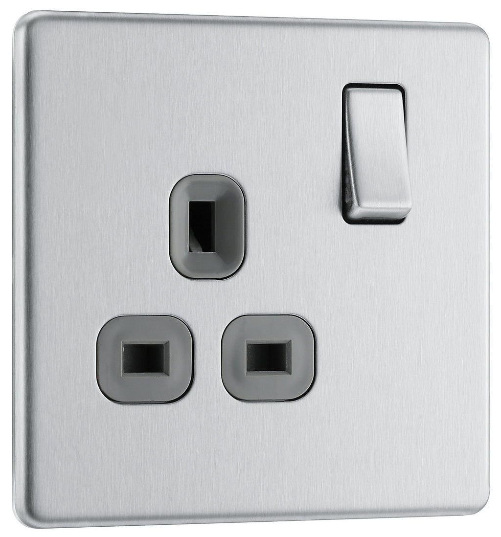 GoodHome Brushed Steel Single 13A Socket & Grey inserts