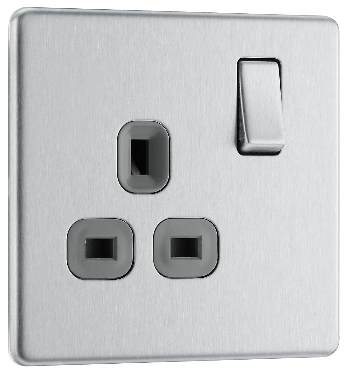 GoodHome Brushed Steel Single 13A Socket & Grey inserts