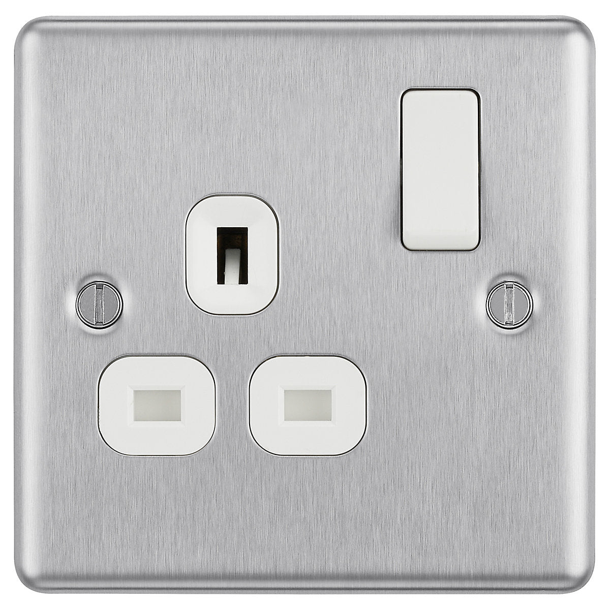 GoodHome Brushed Steel Single 13A Switched Socket & White inserts