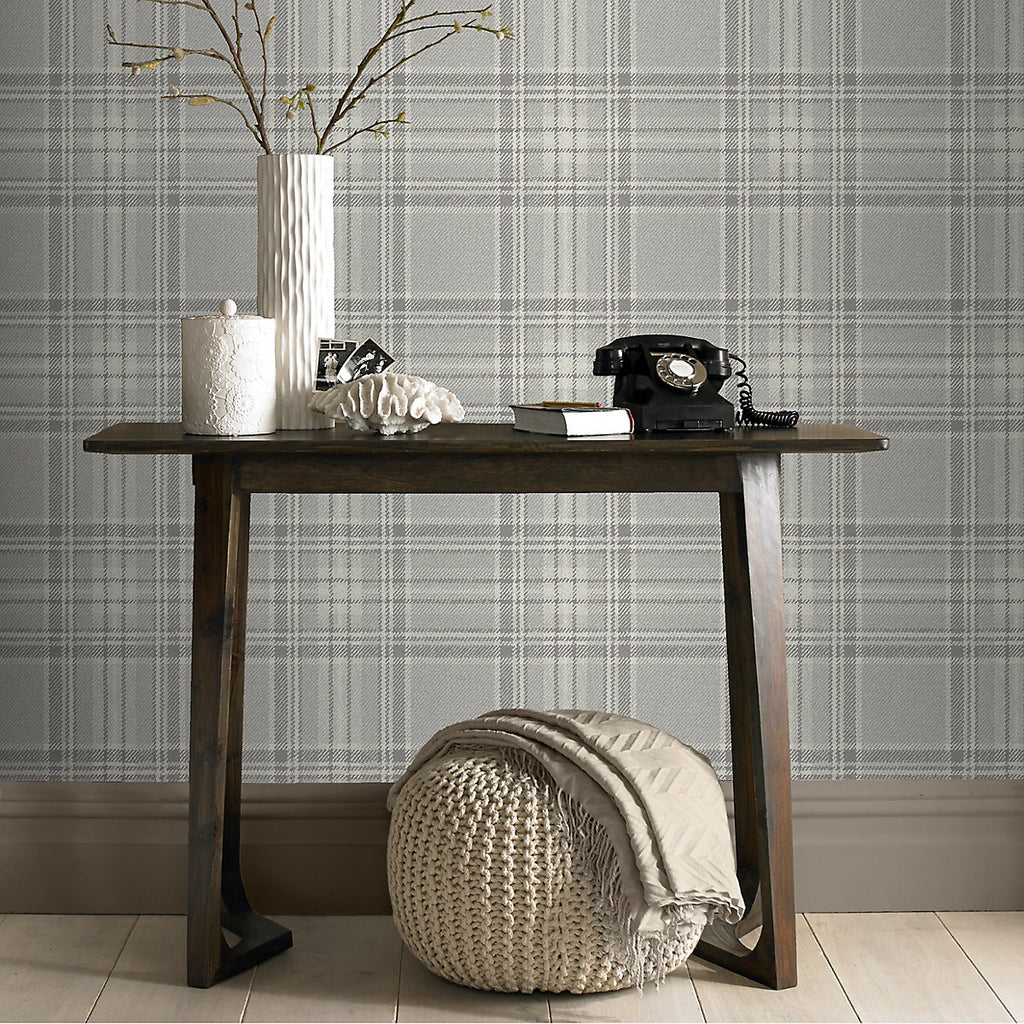 GoodHome Falcata Beige Checked Fabric effect Shabby chic Smooth Wallpaper