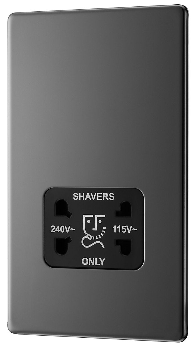 GoodHome FBN20B Double Flat Screwless Shaver socket Gloss Black Nickel effect