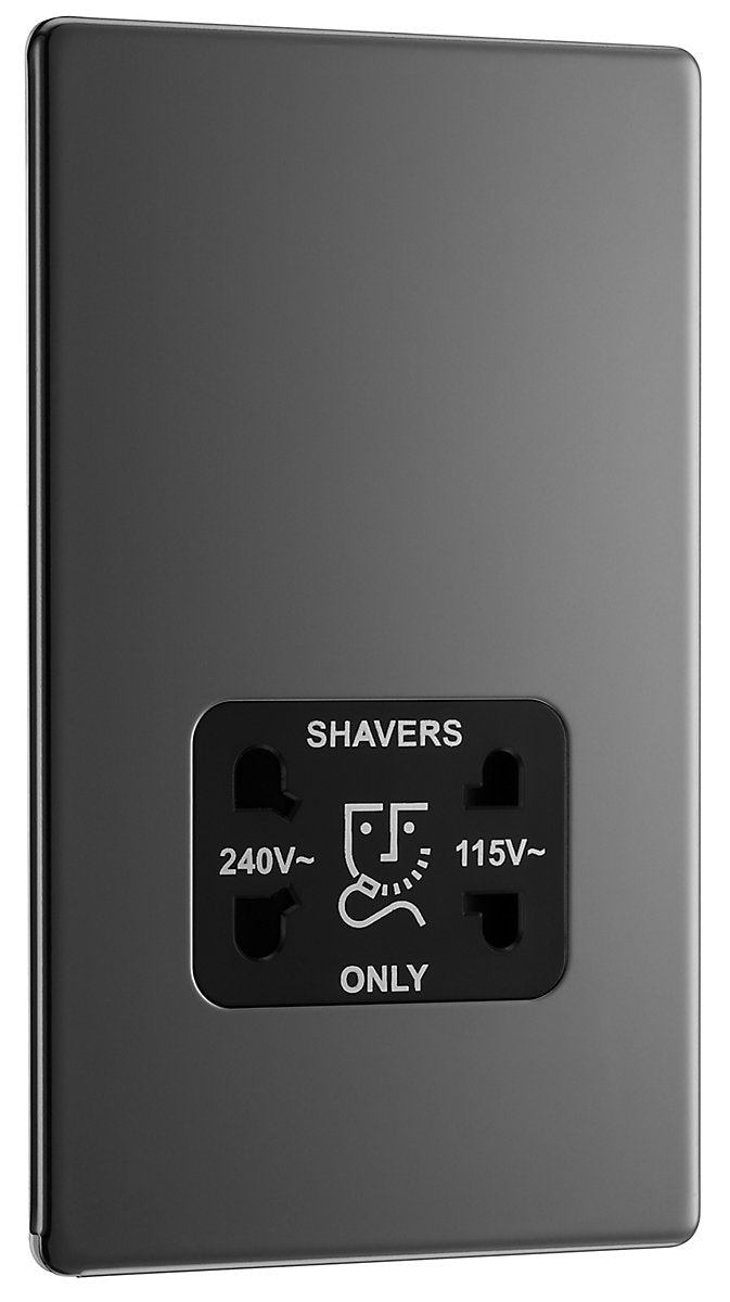 GoodHome FBN20B Double Flat Screwless Shaver socket Gloss Black Nickel effect