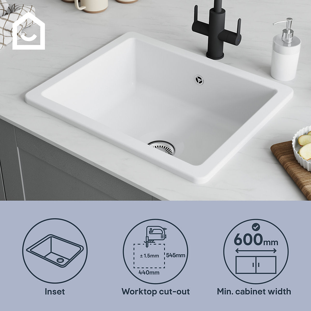 GoodHome Hyssop Gloss white Ceramic 1 Bowl Kitchen sink 565mm x 565mm