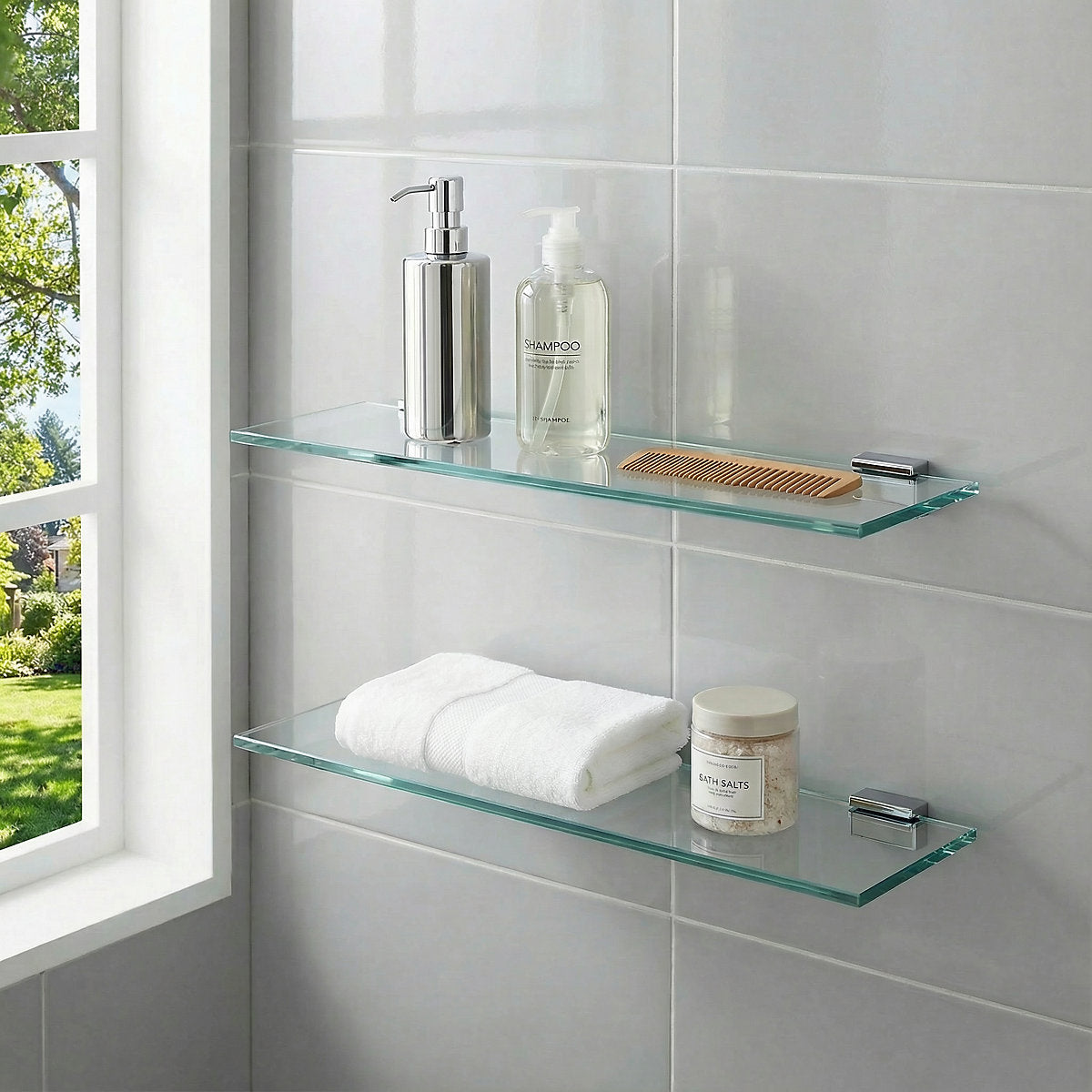 GoodHome Imandra Clear Glass Wall-mounted Bathroom Shelf (D)11cm (H)0.5cm (L)27.5cm
