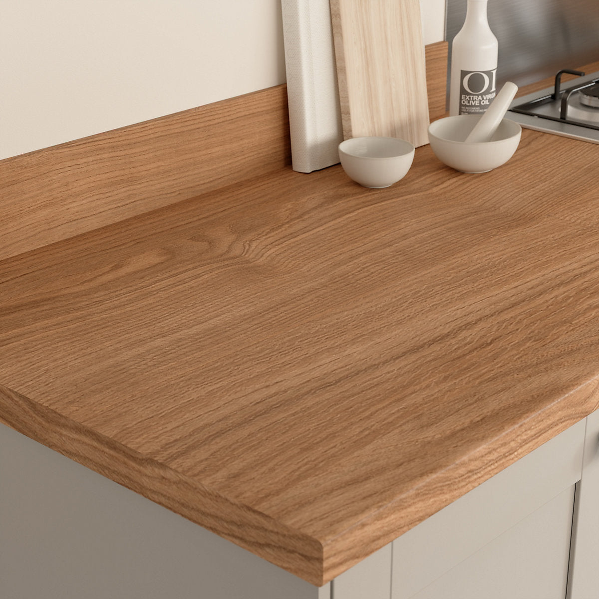 GoodHome Kabsa Warm Oak effect Laminate Post-formed edge Worktop, (L)3000mm (W)620mm (T)38mm