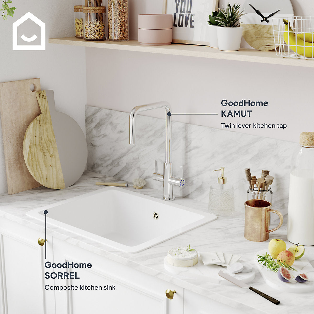 GoodHome Kamut Chrome-plated Kitchen Dual lever Tap