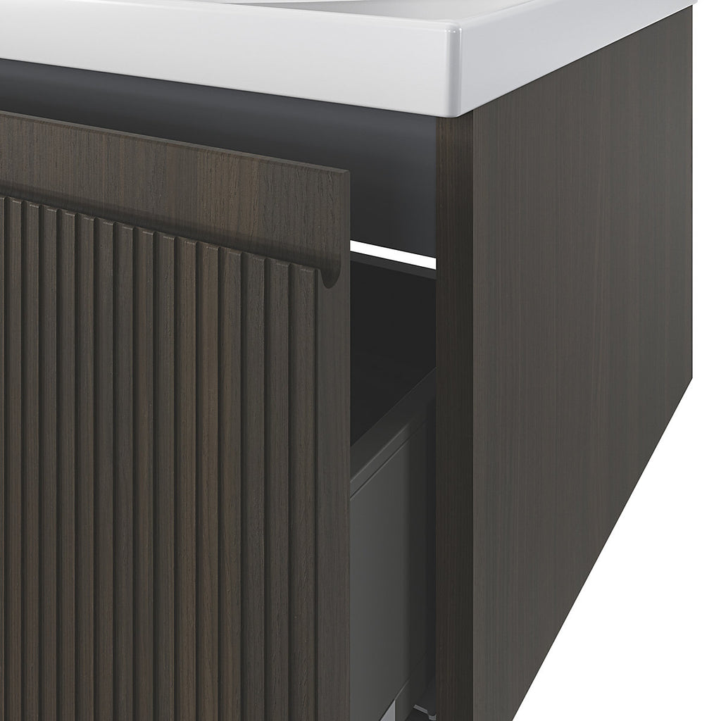 GoodHome Kentia Ribbed effect Walnut Veneer Wall-mounted Bathroom Cabinet (H) 300mm (W) 1200mm