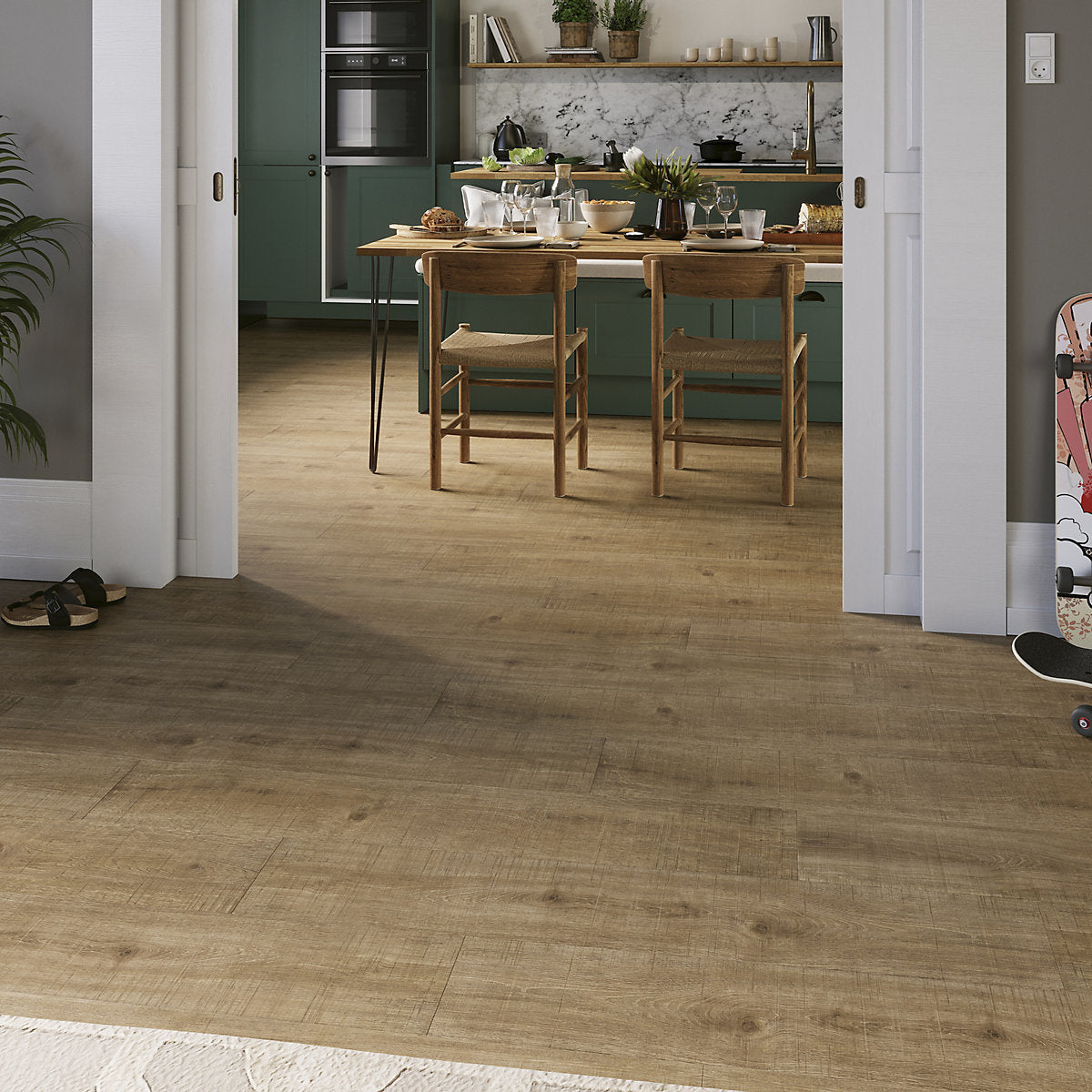 GoodHome Maldon XL Wide Dark Natural Oak effect Embossed Laminate flooring Sample