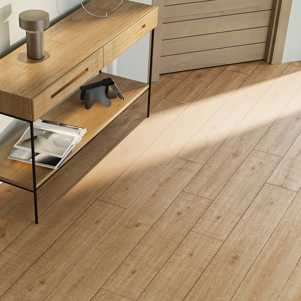 GoodHome Maldon XL Wide Dark Natural Oak effect Embossed Laminate flooring Sample