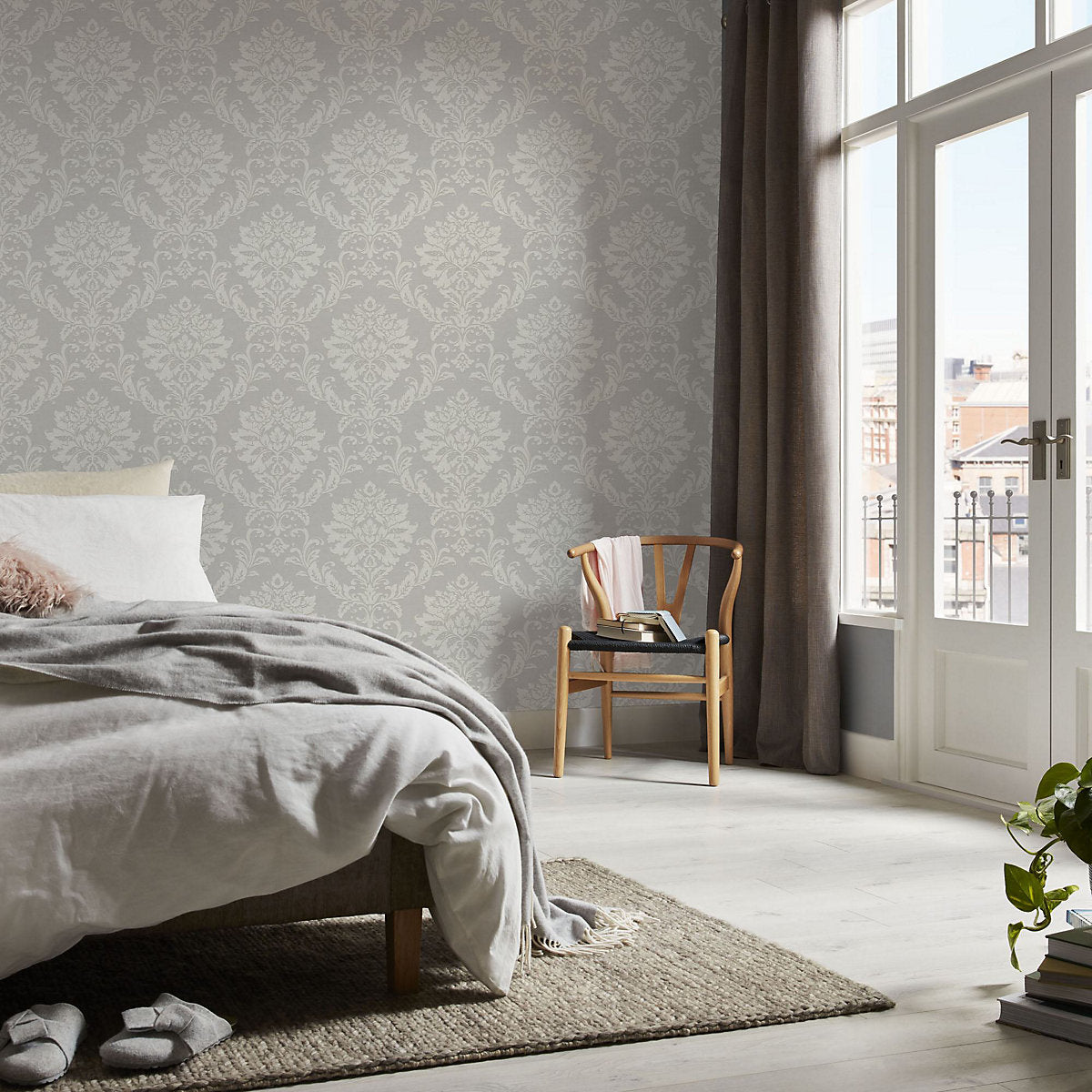 GoodHome Mire Beige Damask Woven effect Vintage Textured Wallpaper