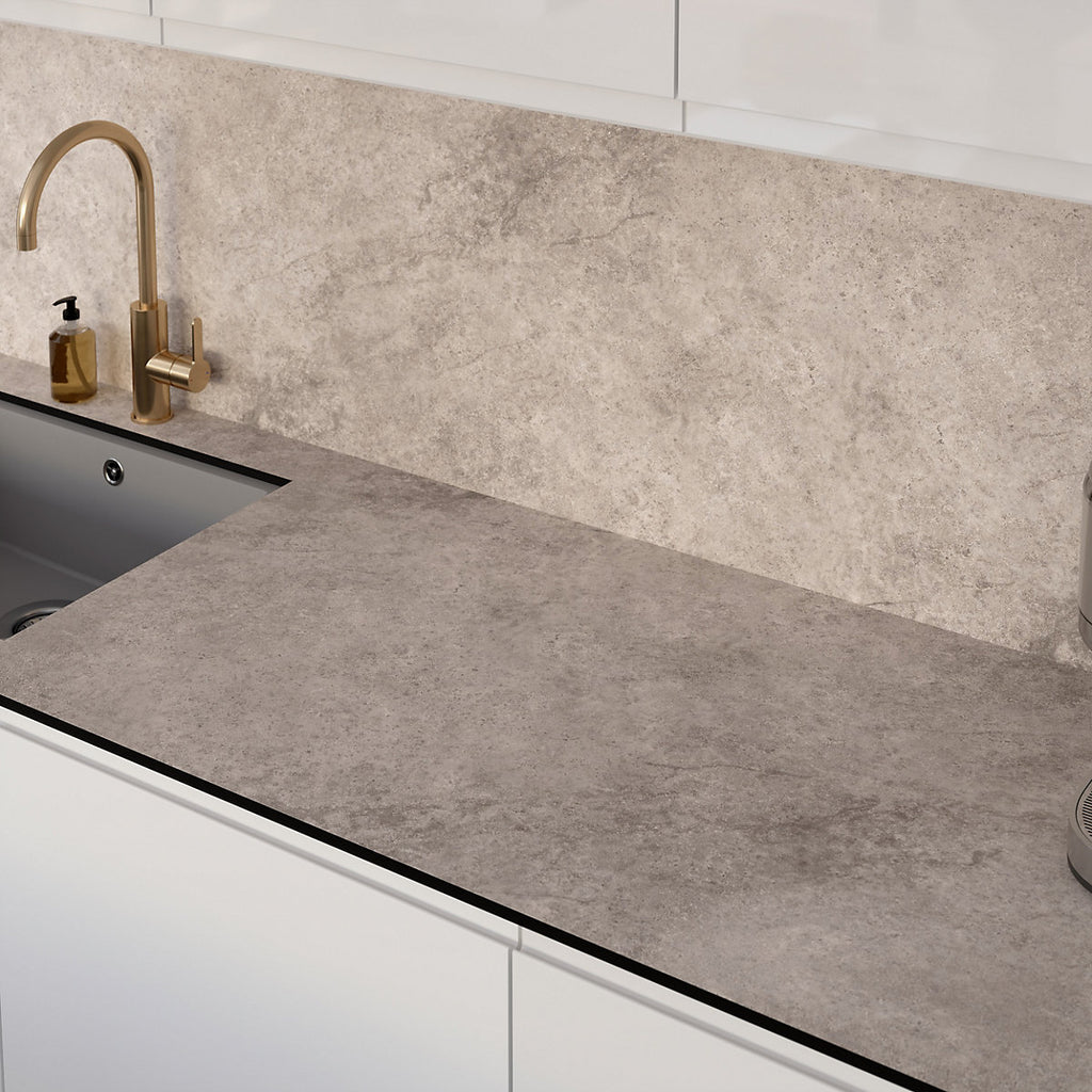 GoodHome Nepeta Sandstone concrete Stone effect Compact Laminate Square edge Kitchen Worktop, (L)3000mm (W)620mm (T)12mm