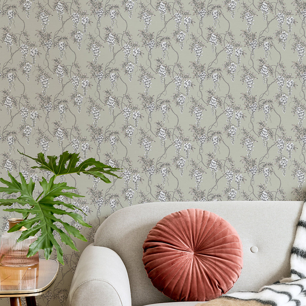 GoodHome Owletts Grey & sage Metallic effect Floral Textured Wallpaper