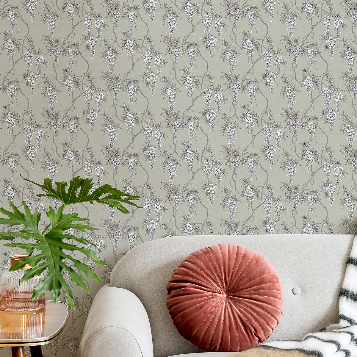GoodHome Owletts Grey & sage Metallic effect Floral Textured Wallpaper