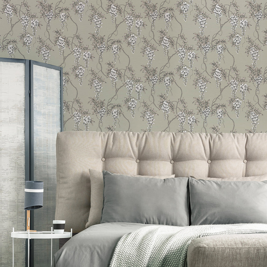 GoodHome Owletts Grey & sage Metallic effect Floral Textured Wallpaper
