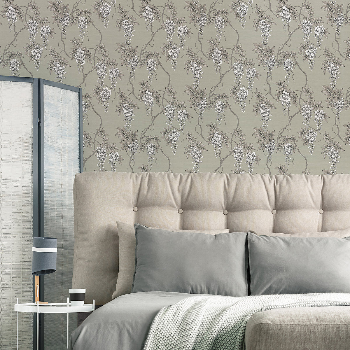 GoodHome Owletts Grey & sage Metallic effect Floral Textured Wallpaper