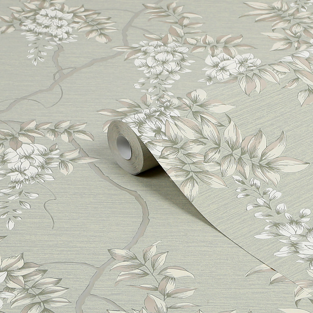 GoodHome Owletts Grey & sage Metallic effect Floral Textured Wallpaper