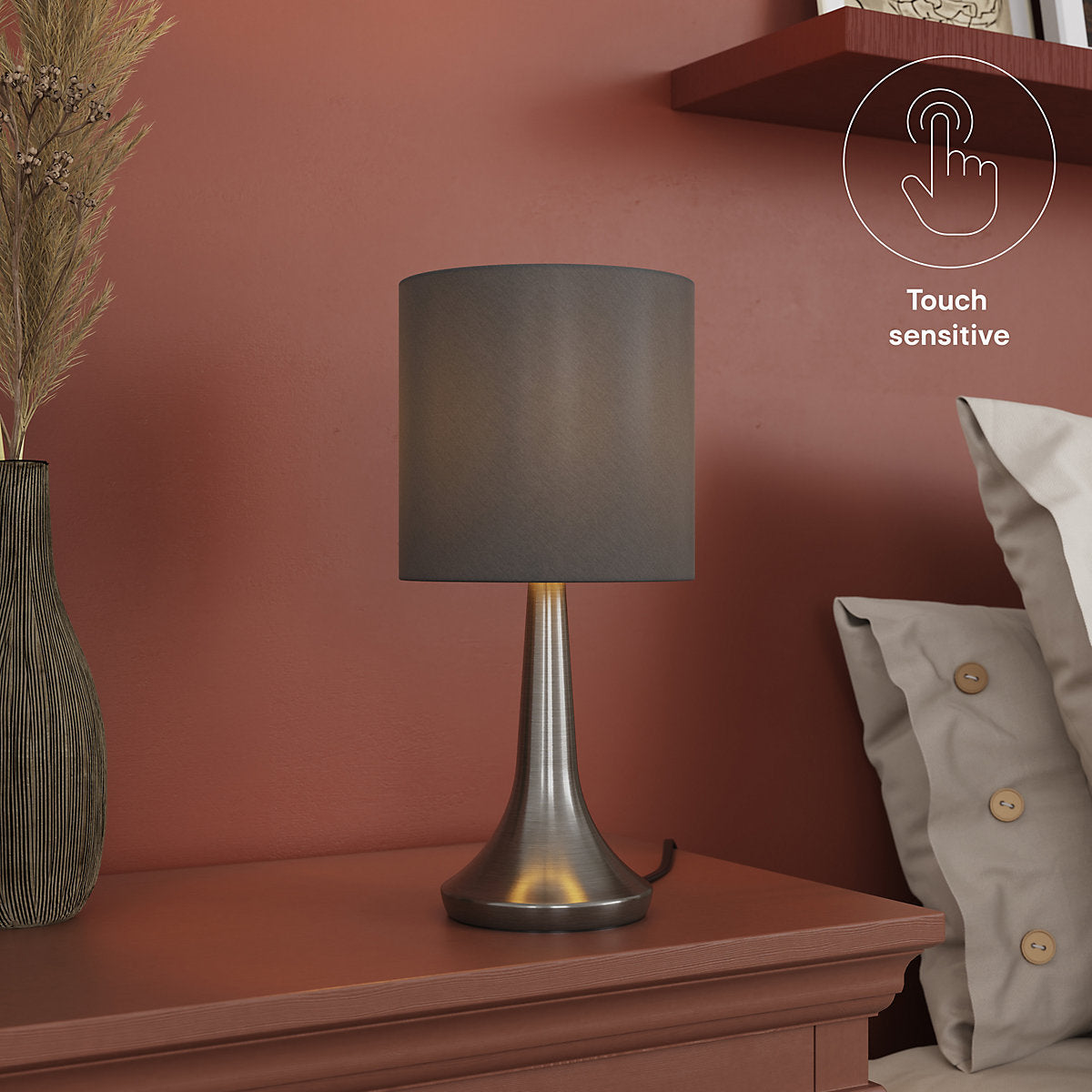 GoodHome Painswick Cylinder Satin Grey Nickel effect Table lamp