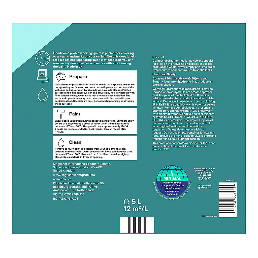 GoodHome Problem Ceilings Brilliant White Matt Ceiling Emulsion paint, 5L