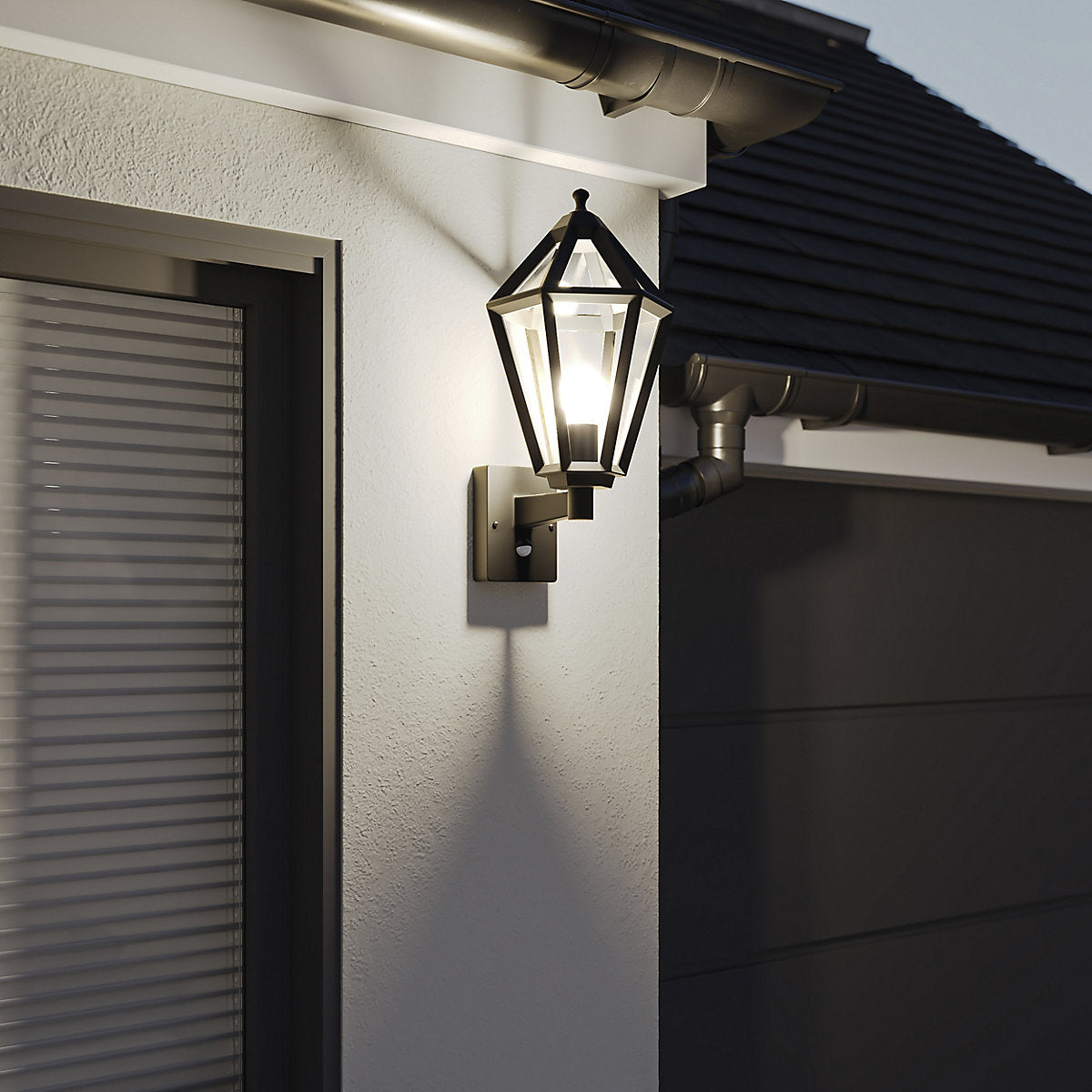 GoodHome Radley Fixed Matt Black PIR Motion sensor Outdoor Lantern Wall light 25W