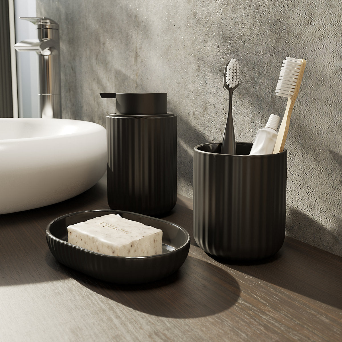GoodHome Rawa Matt Black Ribbed effect Ceramic Freestanding Soap dispenser