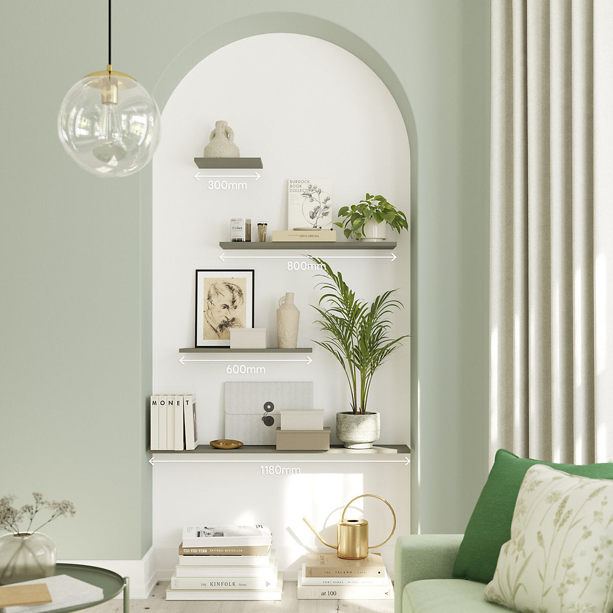 GoodHome Rigga Modular Tea green Rectangular Shelf (L)118cm x (D)19cm
